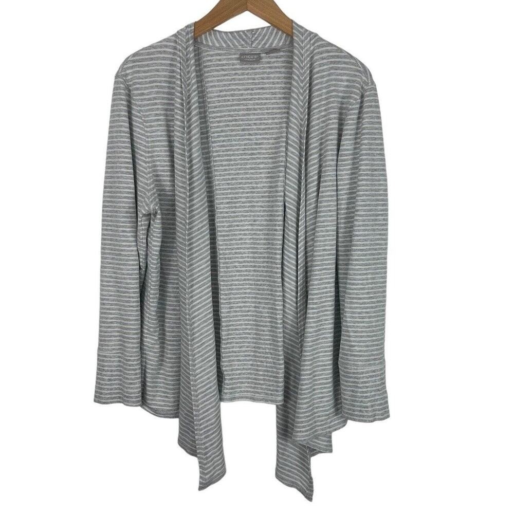 Chico's 3 Zenergy Cardigan Womens Top XL Striped Gray White Lightweight Casual